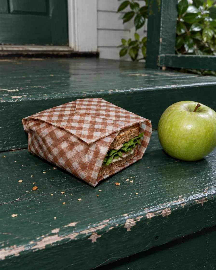 A sandwich folded in a gingham wrap beside an apple